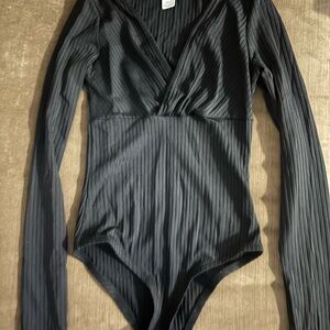Black Ribbed Long-Sleeve One-Piece
